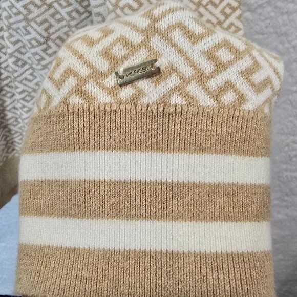 WOMENS TOMMY HILFIGER MONOGRAM LOGO TURTLENECK COTTON TAN & BEIGE SWEATER SZ XL - Picture 5 of 9